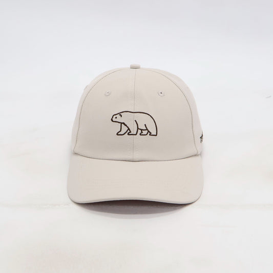 Front view of the ATERRA Arctic Series stone cap with polar bear embroidery