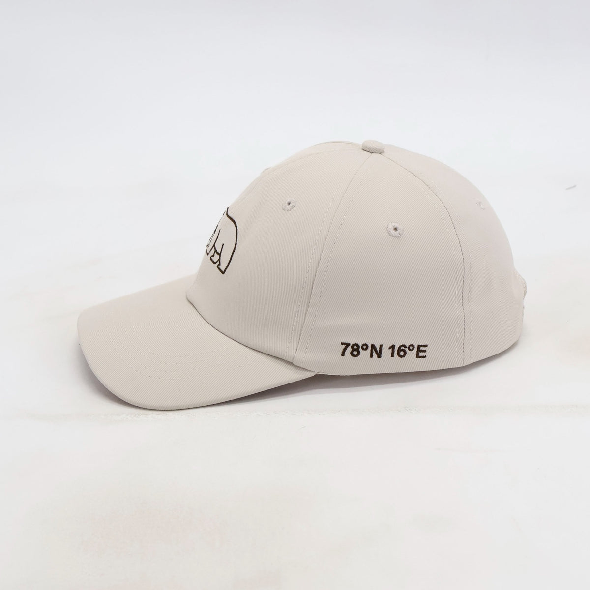 Side view of the ATERRA Arctic Series cap showing Svalbard coordinates